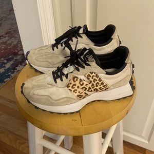 Gently used New Balance 327 off white black and leopard sneakers